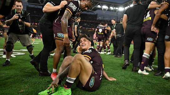 In the eye of the storm: Reece Walsh takes a breath after the chaos of Brisbane’s win over Penrith.