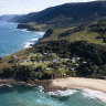 Aerial view of shack sat Era in the Royal National Park. Owners of the historic shacks which were built in the 1930s, 40s,and 50s are campaigning for another lease extension for their properties. 27 April 2024 Photo: Janie Barrett