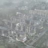 This image made from a December 2025 video provided by the Ukrainian Defence Forces shows the heavily bombed city of Myrnohrad in eastern Ukraine’s Donetsk region.