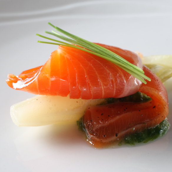 A new version of Tetsuya’s  famous ocean trout dish on the menu at Waku Ghin in Singapore.