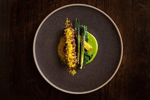 Wagyu with spring onion and cured yolk at Margan Restaurant. 