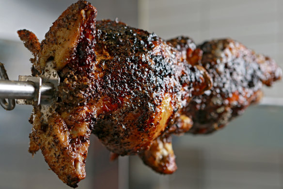 Henrietta’s free-range chooks are spun on a rotisserie over coals.