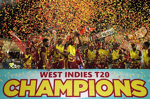 West Indies players celebrate with the winner’s trophy during the 5th T20 International between the West Indies and England at the Brian Lara Cricket Academy in Tarouba, Trinidad And Tobago.