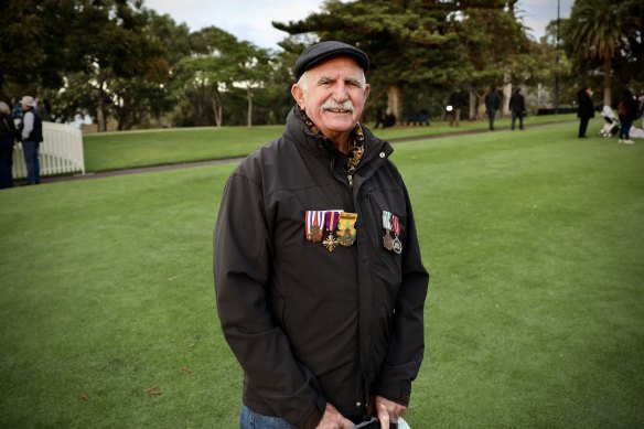 Leon van Erp wearing his father Frans’ service medals at the 2024 Perth Anzac Day dawn service in King’s Park.