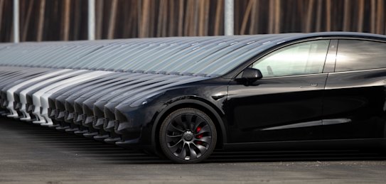 Tesla vehicles at the Tesla Inc. Gigafactory in Gruenheide, Germany, on Saturday, 2022.