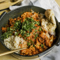 Cheat’s korma curry with cauliflower and halloumi.