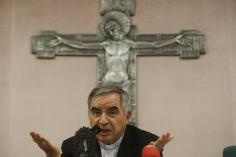 Cardinal Angelo Becciu talks to journalists in Rome after the scandal broke. 