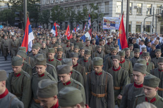 Actors dressed in Serbian WWI military uniform replicas during a ceremony to mark the newly established “Day of Serb Unity, Freedom and the National Flag” state holiday in Belgrade, Serbia, on September 15. 