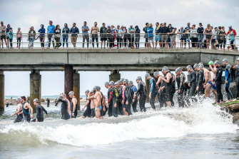 Participants line up to compete in the 2020 Pier to Pub in Lorne, Victoria.