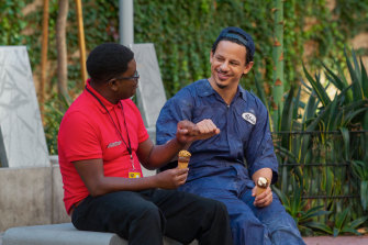 A scene from the movie Bad Trip, in which Eric Andre (right, with Lil Rel Howery) blends public interactions between actors and real people into its fiction.
