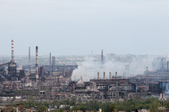 Smoke rises from the Metallurgical Combine Azovstal in Mariupol in territory under the government of the Donetsk People’s Republic.
