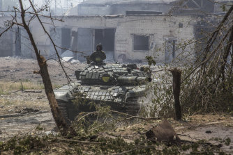 A Ukrainian tank is in position during heavy fighting on the front line in Sievierodonetsk, the Luhansk region, Ukraine, earlier this month.