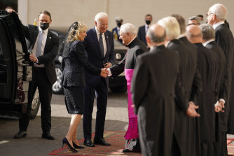 US President Joe Biden and first lady Jill Biden are greeted by the Head of the Papal Household at the Vatican.