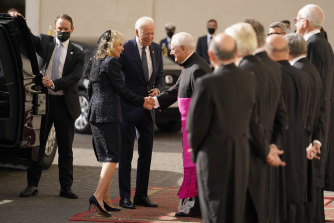 US President Joe Biden and first lady Jill Biden are greeted by the Head of the Papal Household at the Vatican.