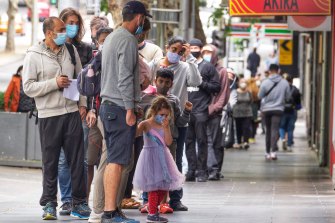 People queue for testing in Melbourne’s CBD on Thursday.