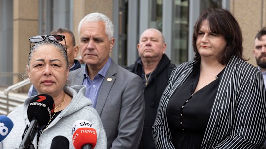 Former Qantas worker Anne Guirguis speaks to media outside the Federal Court after Qantas was fined $90 million for unlawfully sacking staff at the start of COVID.