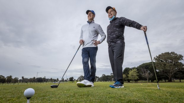 Southbank resident Tim Noonan (left), with Bruce Miller, is among those who think there must be a way for golfers to access club toilets safely. 