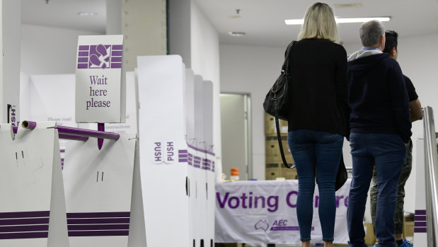 Citizens casting their ballots at a central Sydney voting centre on the first day of prepoll voting for the May federal election.