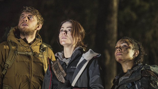 Being tracked by a terrifying creature: (from left) Harry Greenwood, Alexandra Park and Sisi Stringer in Carnifex.