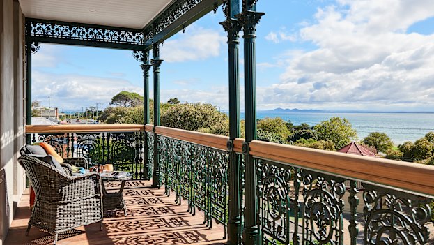 The view across Port Phillip Bay from one of the restored 1888 hotel’s balconies.