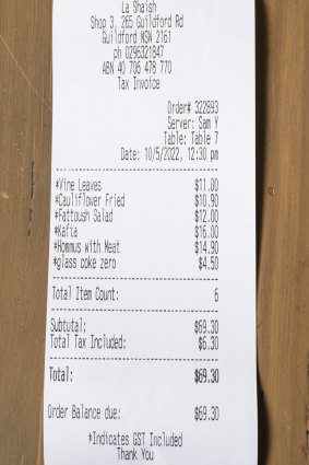 The receipt for lunch at La Shish, in Guildford. 