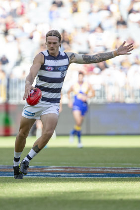 Geelong's Tom Stewart has given the Cats run from the back.