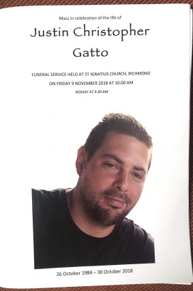 A page from the order of service for Justin Gatto's funeral.