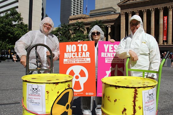 Anti-nuclear campaigners outside Brisbane City Hall on the first day of early voting.