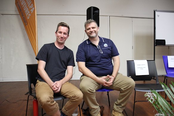 Greens’ Max Chandler-Mather and People First candidate Deon Hunt at the West End community forum in Jagera Hall near Southbank. Empty chairs were left for Griffith candidates who didn’t show up.