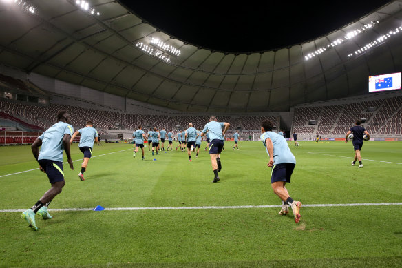 Australia players attend a training session ahead of the FIFA 2022 World Cup Qualifier in Khalifa International Stadium.