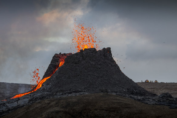 Lava flows from the volcano on the Reykjanes Peninsula.