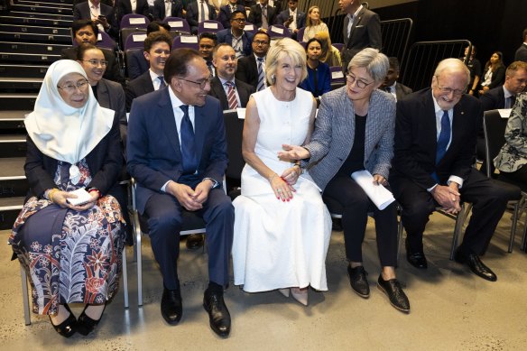 Anwar Ibrahim and his wife Wan Azizah, ANU chancellor and former foreign minister Julie Bishop, Foreign Minister Penny Wong and former foreign minister Gareth Evans at an oration given in Evans’ honour last month.