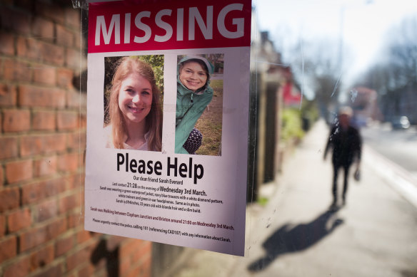 A flyer near Clapham Common in London prior to the discovery of Sarah Everard’s body in Kent.