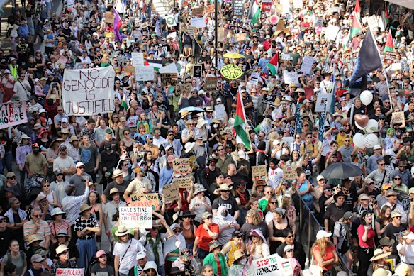 Protesters taking part in the March for Palestine in Brisbane, attended by tens of thousands of people.