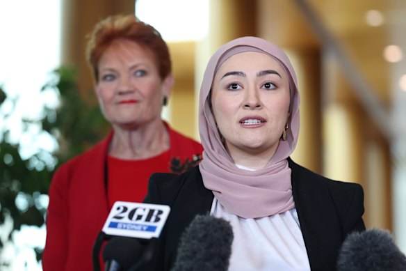 One Nation leader Senator Pauline Hanson and Senator Fatima Payman during a press conference at Parliament House in Canberra on Thursday 17 September 2026.