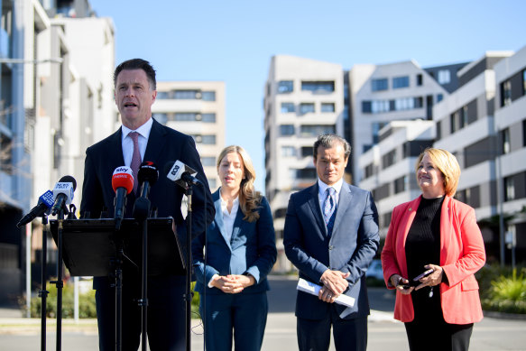 Premier Chris Minns announces the appointment of NSW Rental Commissioner Trina Jones (2nd left) on Tuesday.