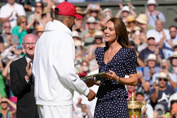 Princess Catherine presents the runners-up trophy to Nick Kyrgios.