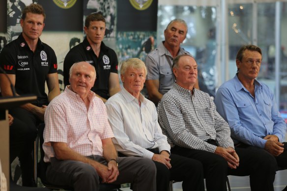 Collingwood Football club past captains (pictured in 2014):
Front row-Terry Waters, Des Tuddenham, Max Richardson and Peter Moore.
Back row- Nathan Buckley, Scott Burns and Tony Shaw. 