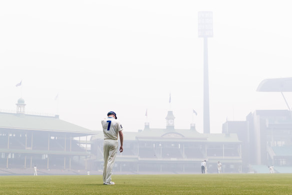 Bushfire haze at the SCG during a Sheffield Shield match in the 2019-20 season.