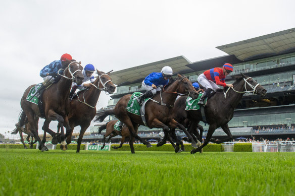 James McDonald on Verry Elleegant (far right) wins the Chipping Norton Stakes at Randwick.