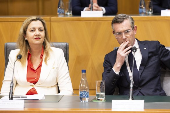 Queensland Premier Annastacia Palaszczuk and NSW Premier Dominic Perrottet during the press conference following national cabinet at Parliament House in Canberra on Friday.