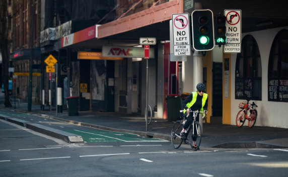 Cyclists take advantage of the quiet streets during Sydney’s lockdown.
