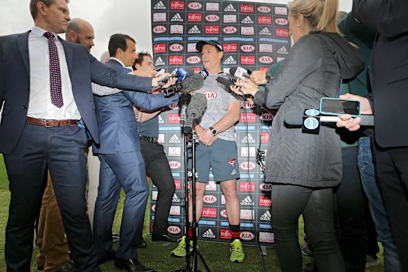 John Worsfold, Essendon’s then coach, speaks to the media in the days after the players were suspended.