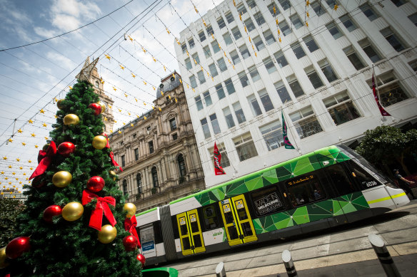 Christmas decorations in Melbourne’s Bourke Street Mall.