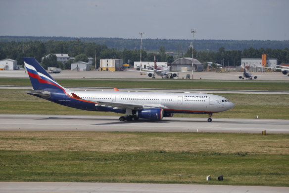 Aeroflot Airbus A330 plane taxies out at Sheremetyevo airport, Moscow.