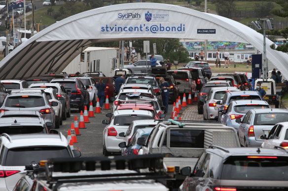 COVID testing sites in NSW, like this one in Bondi, have seen long queues in recent days.