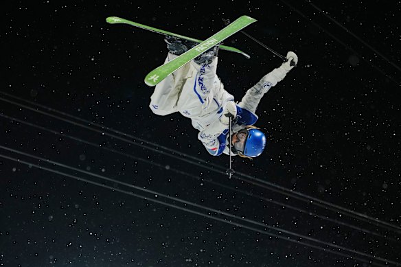 Eileen Gu soars during the women’s freeski halfpipe qualifications on Thursday.