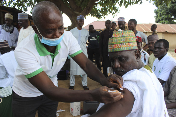 A Moderna COVID-19 vaccination is administered in Abuja, Nigeria.