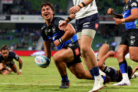 Marley Pearce celebrates his try in the Force’s win over the Brumbies.