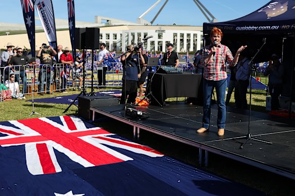 One Nation leader Senator Pauline Hanson speaks at the “Australia Marches Rally To End Mass Immigration” in Canberra on Sunday.